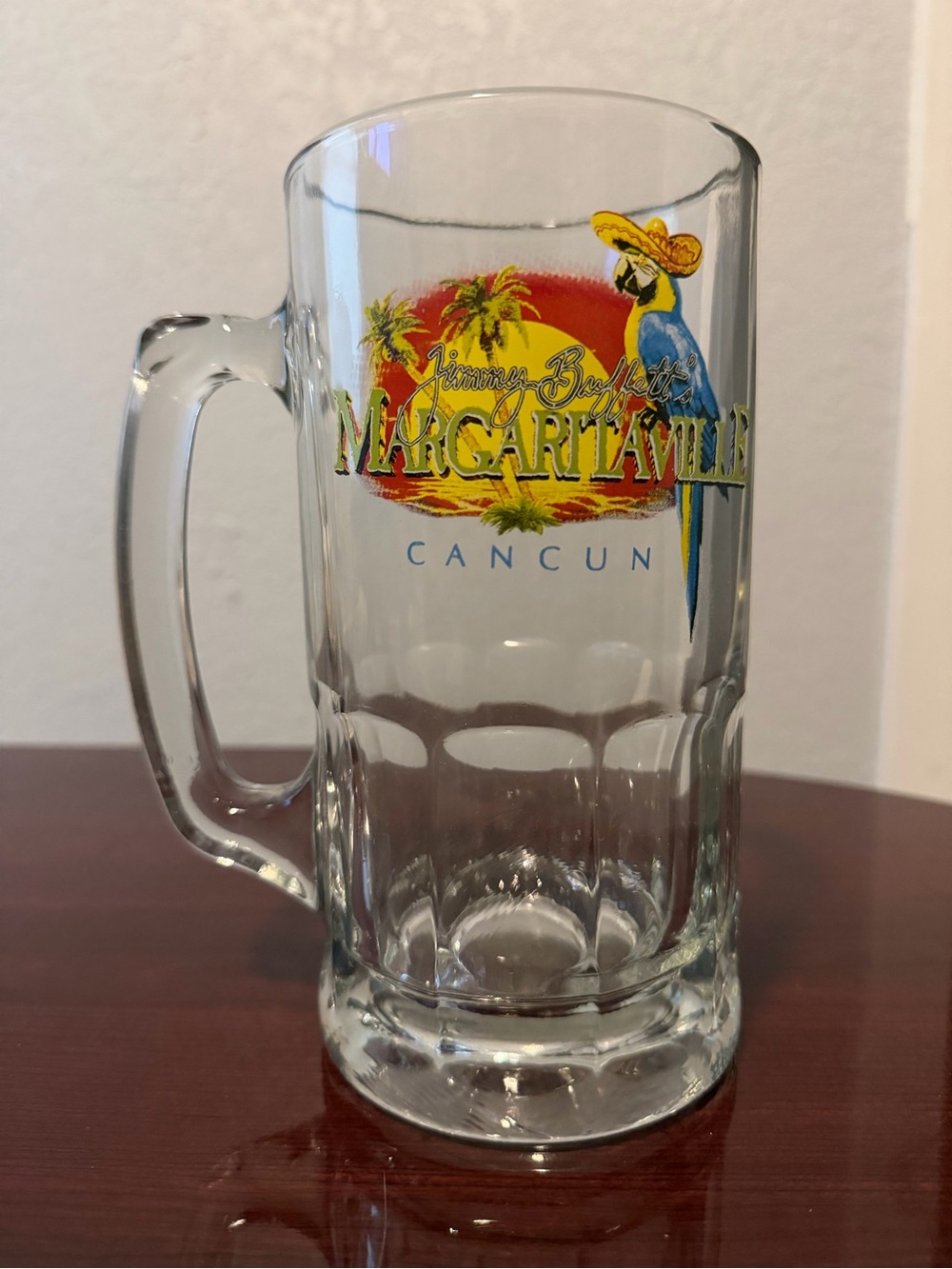 Margaritaville Clear Glass Beer Mug with Colorful Parrot Graphic
